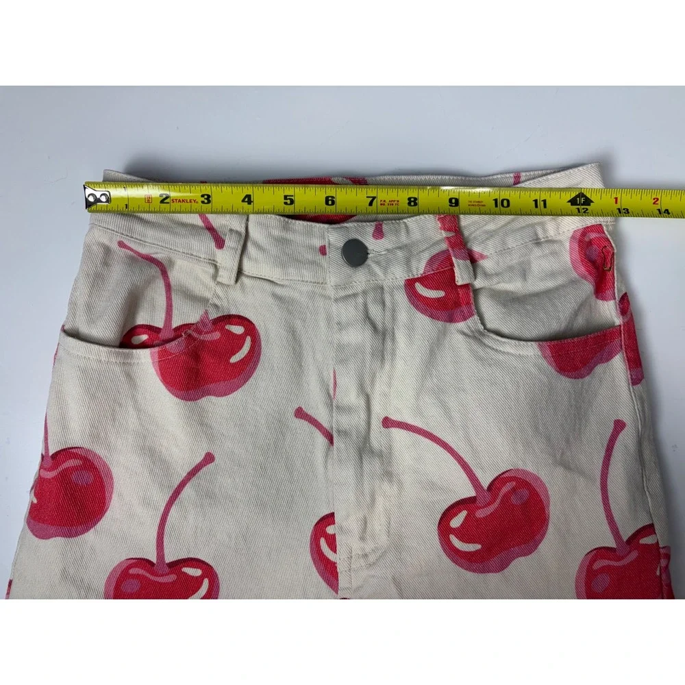 Women's Cream Red Cherry Fruitcore Wide Leg Pants Size S Kidcore Statement